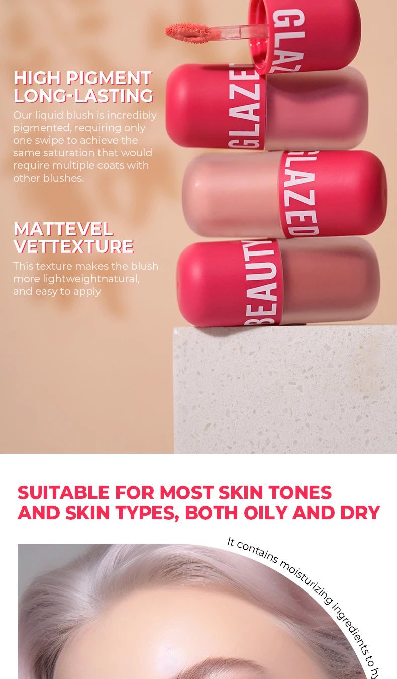 Beauty Glazed Liquid Blush 5 Colors Smooth Velvet Matte Pink Blusher Natural Easy To Smudge,Waterproof,And Long Lasting