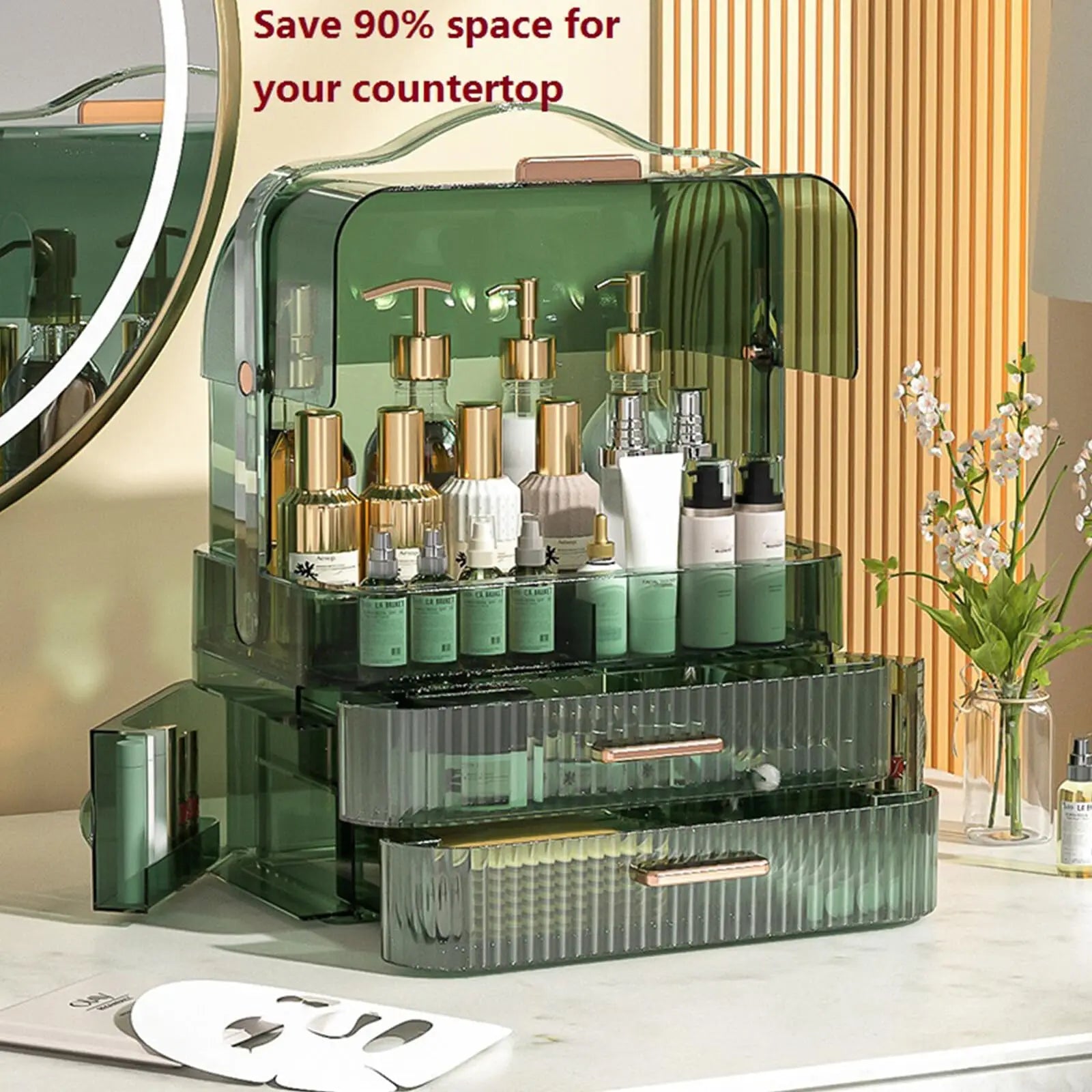 Cosmetics Storage Box With Lid and Handle Large Makeup Organizer Box Drawers for Skincare Display Cases Countertop, Bathroom
