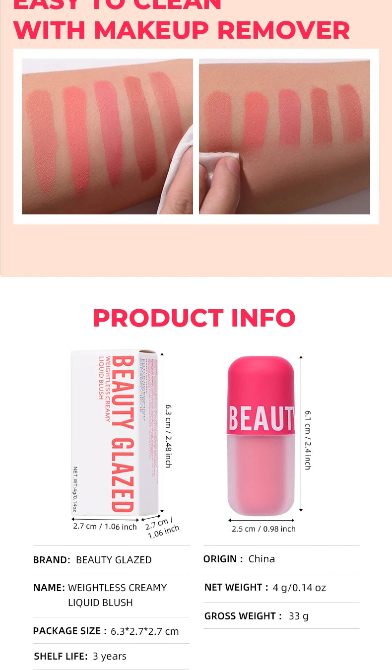 Beauty Glazed Liquid Blush 5 Colors Smooth Velvet Matte Pink Blusher Natural Easy To Smudge,Waterproof,And Long Lasting