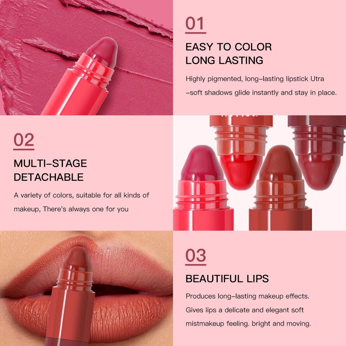 USHAS Detachable Lip Crayon, 4 Color/Piece Lip Stick, Smooth and Silky, Portable Lip Cosmetic, Perfect for Vacation and Travel