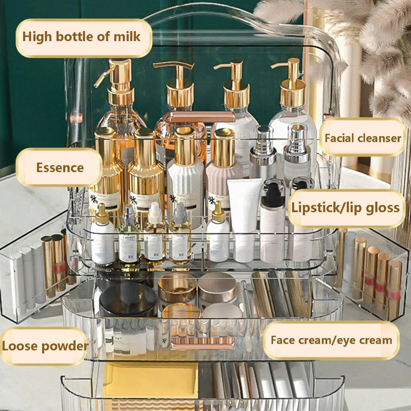 Cosmetics Storage Box With Lid and Handle Large Makeup Organizer Box Drawers for Skincare Display Cases Countertop, Bathroom