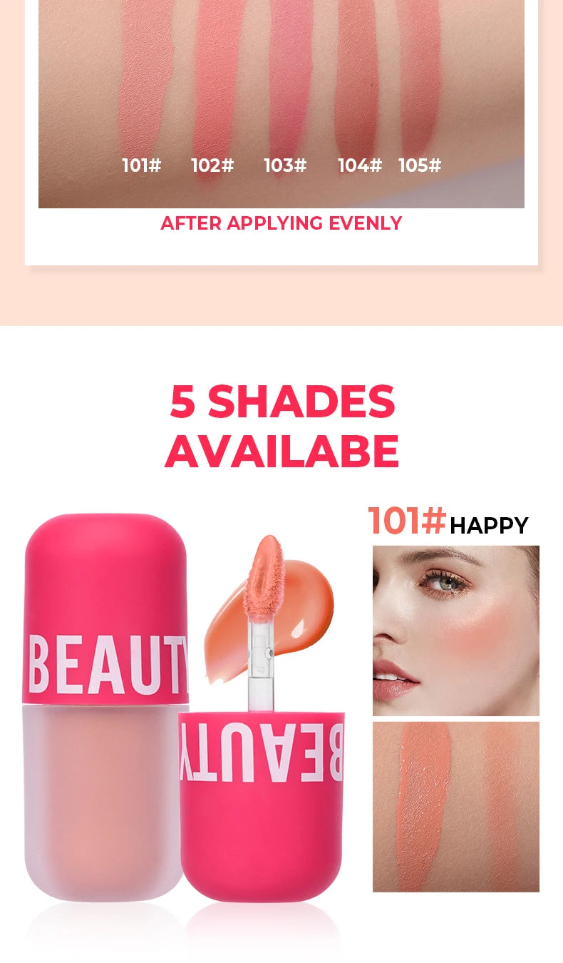 Beauty Glazed Liquid Blush 5 Colors Smooth Velvet Matte Pink Blusher Natural Easy To Smudge,Waterproof,And Long Lasting