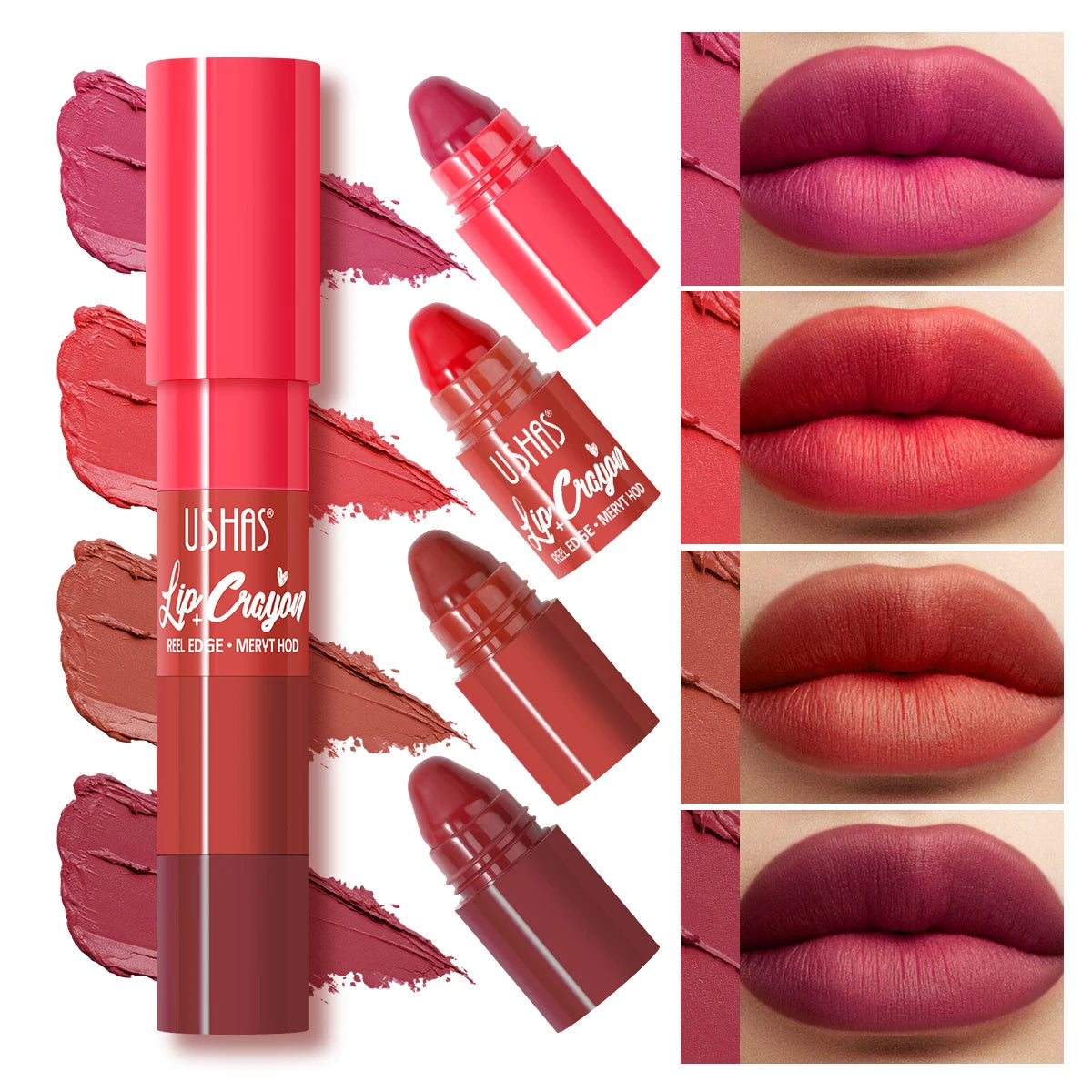 USHAS Detachable Lip Crayon, 4 Color/Piece Lip Stick, Smooth and Silky, Portable Lip Cosmetic, Perfect for Vacation and Travel