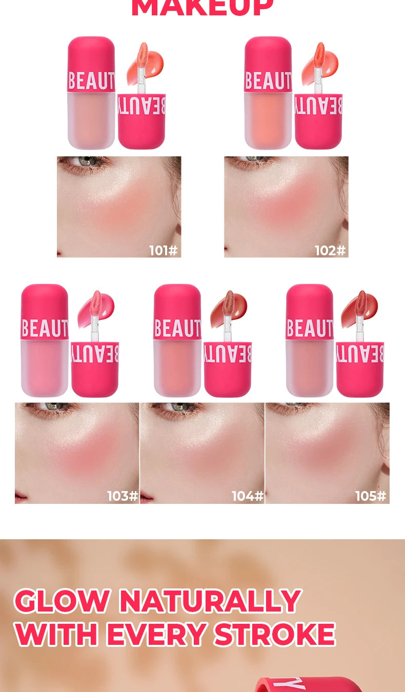 Beauty Glazed Liquid Blush 5 Colors Smooth Velvet Matte Pink Blusher Natural Easy To Smudge,Waterproof,And Long Lasting