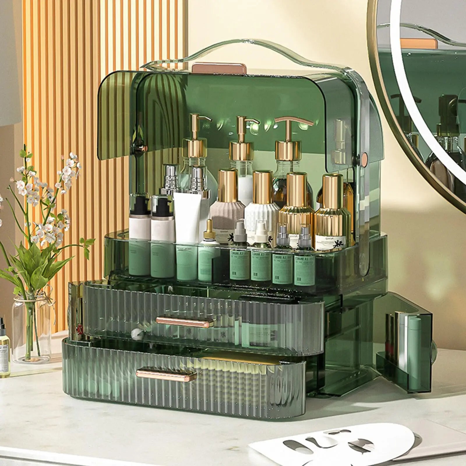 Cosmetics Storage Box With Lid and Handle Large Makeup Organizer Box Drawers for Skincare Display Cases Countertop, Bathroom